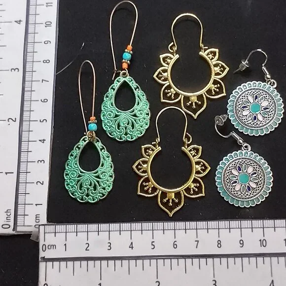 SALE! 3 PAIR EARRINGS, Ethnic SILVERY, BRONZE, PATINATED Blue Bunny BOHO BAUBLES - Picture 8 of 10